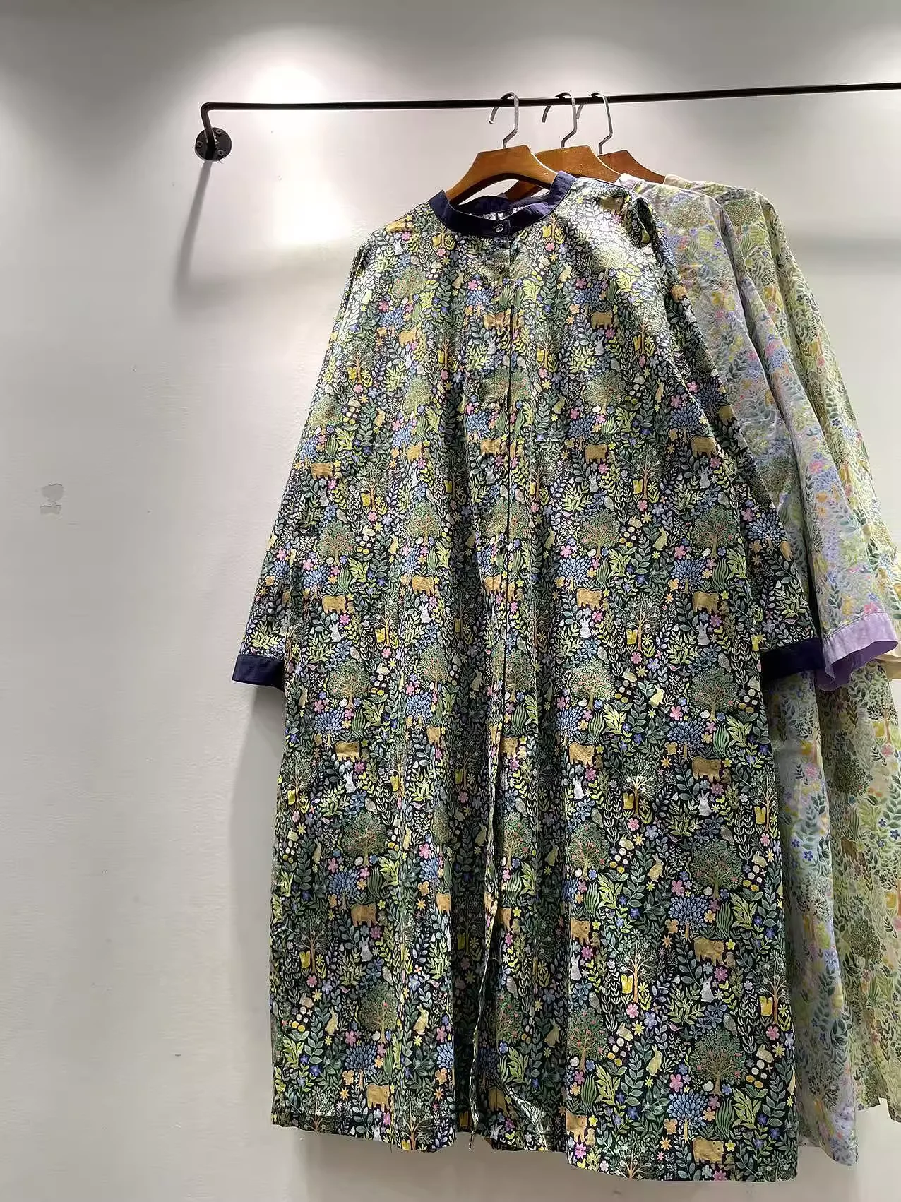 Herfst kleding 100% katoen Japan stijl groen paars marineblauw plant bladeren shirt jurk voor vrouwen vintage sinble-breasted jurk