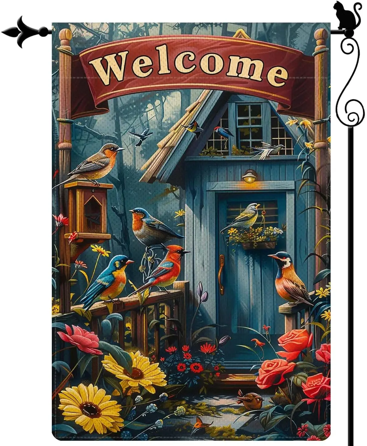 Gormcore Welcome Spring Summer Garden Flag Colorful Garden Scene with Bluebirds and Goldfinches Perched Among Flowers Double uui