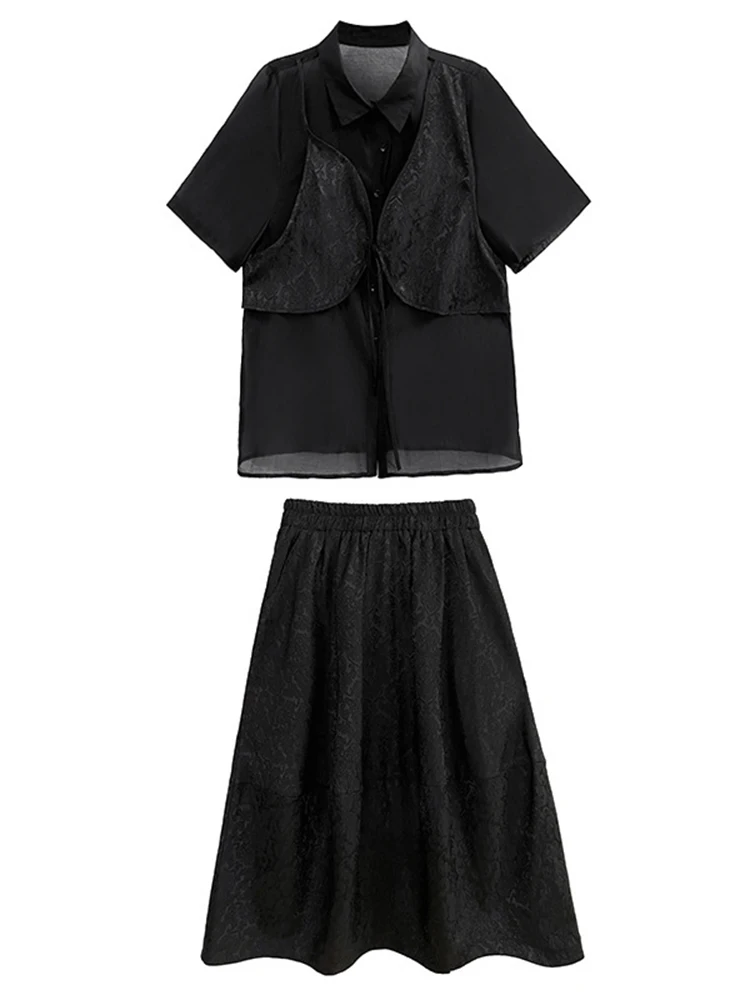 [EAM] Black Shirt Big Size Half-body Skirt Two Pieces Suit New Lapel Short Sleeve Women Fashion Tide Spring Summer 2025 1DH5405