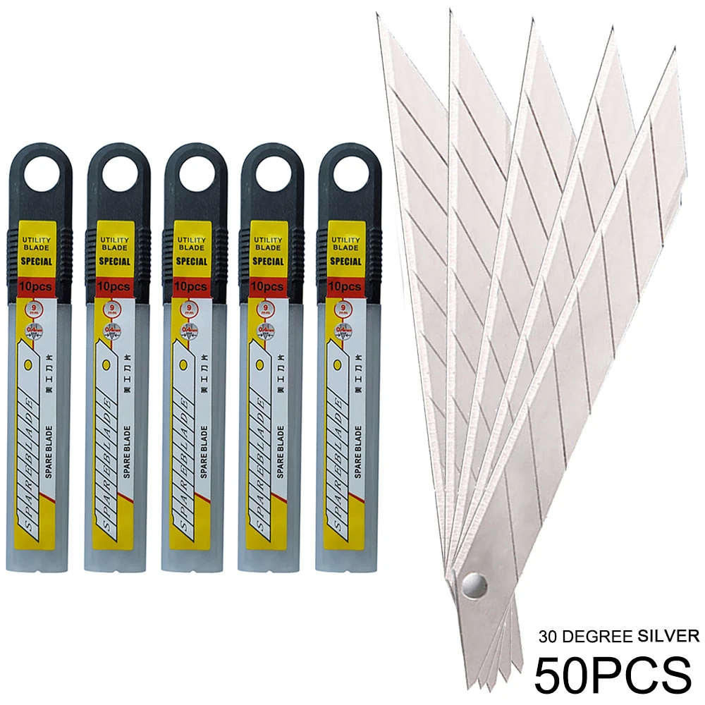 

50pcs Art Blades 30 Degree Trimmer Sculpture Office Alloy Steel Replaceable Paper Vinyl Sticker DIY Cutting Utility Knife 5E03