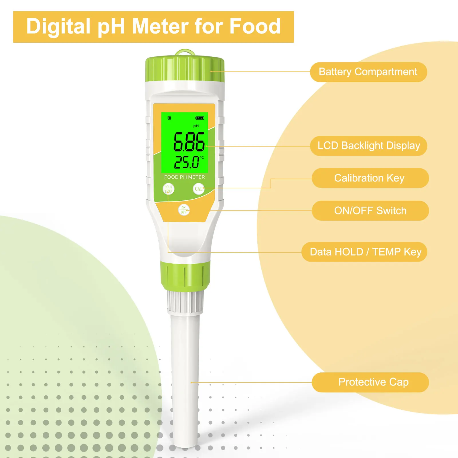 Medidor de PH de alimentos, Kit de Calibración Digital LCD ATC, probador de acidez de temperatura a prueba de agua para frutas, verduras, masa,