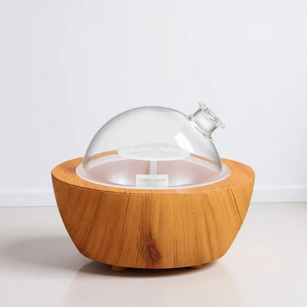 

Диффузор для эфирных масел из стекла объемом 280 мл с основанием под дерево, автоматическим отключением и 7-цветной LED-подсветкой для дома