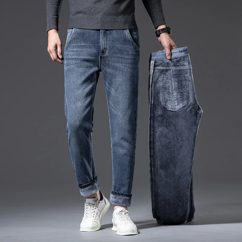 2025 موضة الأعمال السراويل الرجعية الكلاسيكية سراويل جينز الشتاء عادية تمتد جينز ضيق الرجال الصوف الجينز الدافئة العلامة التجارية 36 38 40 #3