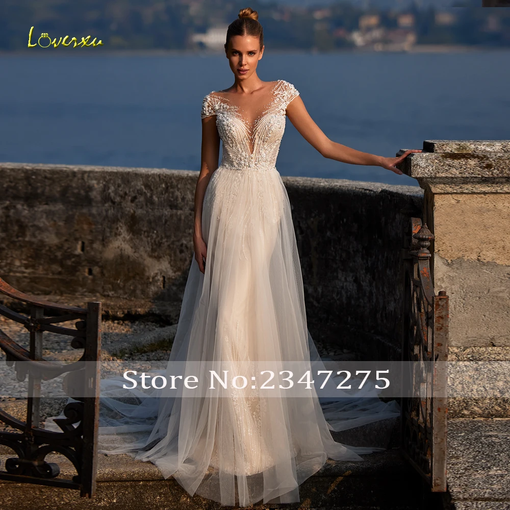 Loverxu Mermaid Sexy Wedding Dresses Sweetheart Cap Sleeve Vestido De Novia Lace Beaded Detachable Train Custom Made Bridal Gown