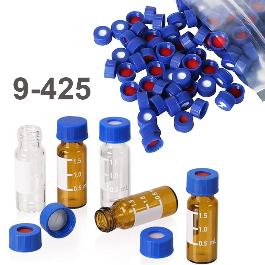 Tapas de rosca 9-425 con septum, tapas para viales de autosampler HPLC de 9 mm, tapas de rosca azules con septum de PTFE/silicona, 100 unidades/paquete