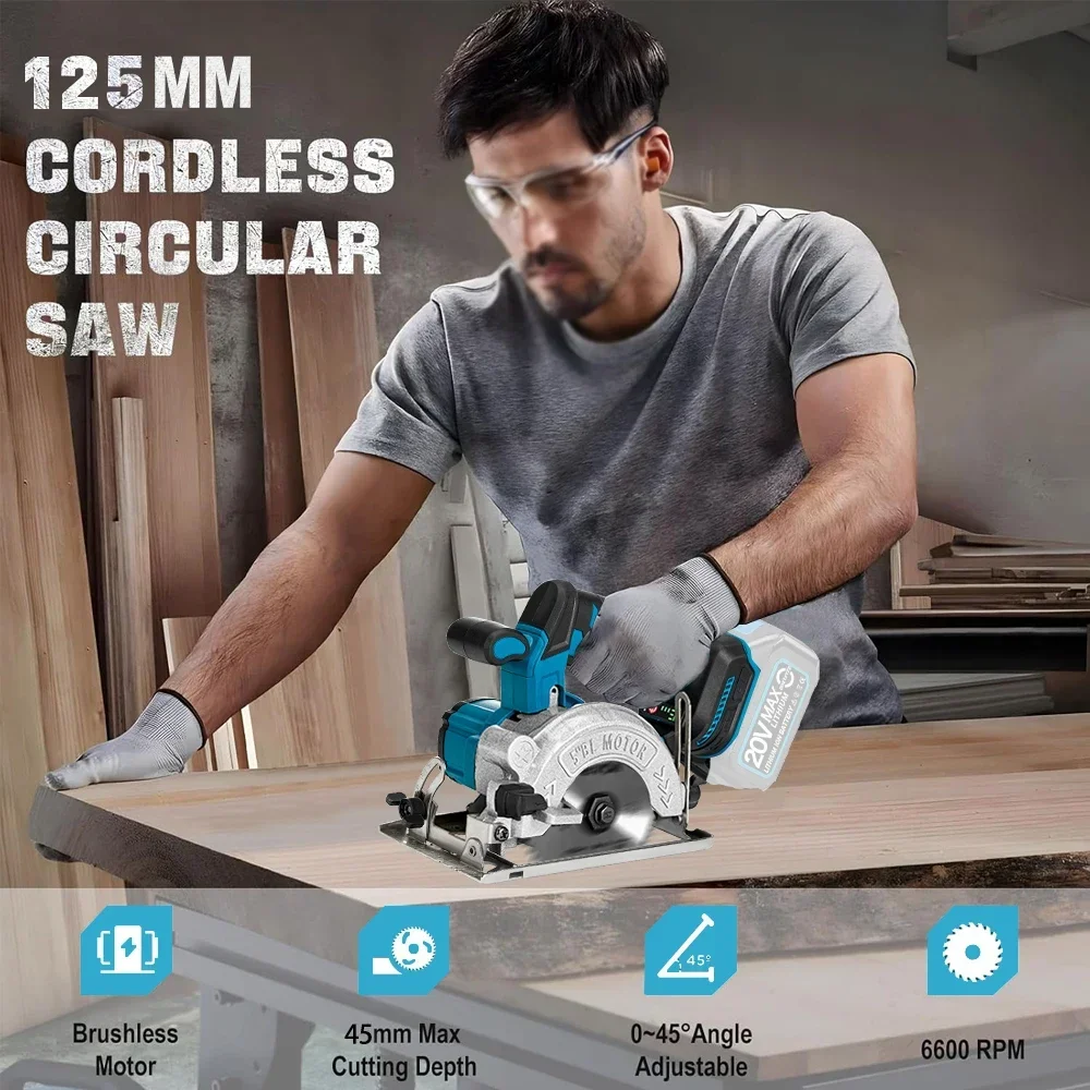 Brushless 5 inch 125MM Electric Circular Saw Adjustable Cordless Chainsaw Woodworking Cuttiing Tools Fit For Makita 18V Battery