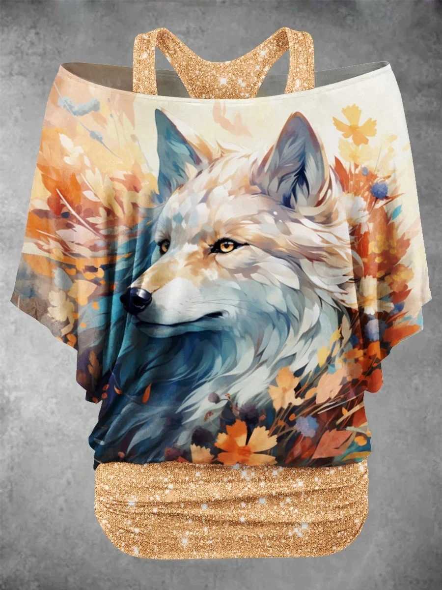 PLstar Cosmos Women's Tiger & Dog & Wolf Flower Art 3D Printed Fake two piece off shoulder top Summer Casual T-Shirts JLJ-10