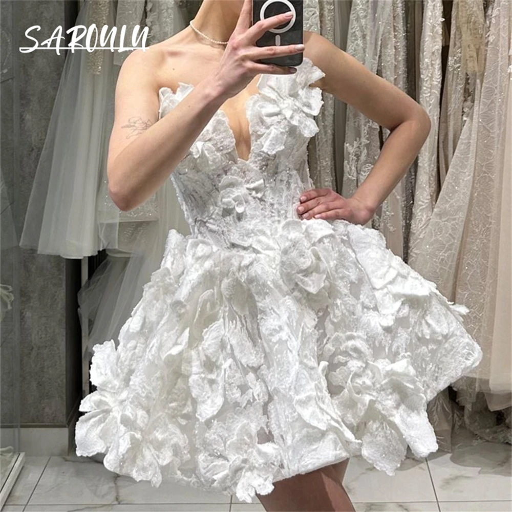 3D Big Floral Short Wedding Dress Strapless A Line Ballet Midi Bridal Gown Lace-up Backless Bride Dresses Robe De Mariee