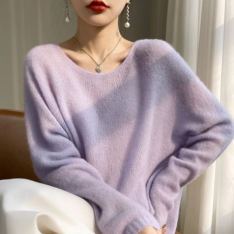 2024 Women's Fashion Autumn/Winter New 23% Natural Mulberry Silk 77% Cashmere Blended Lazy Style Round Neck Long Sleeved Sweater