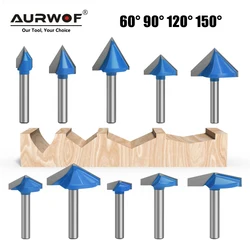 AURWOF Set 1/4 6mm Shank 60 90 120 150 Degree V Type Slotting Cutter Bit CNC Engraving Solid Router Bit Carbide Milling Cutter