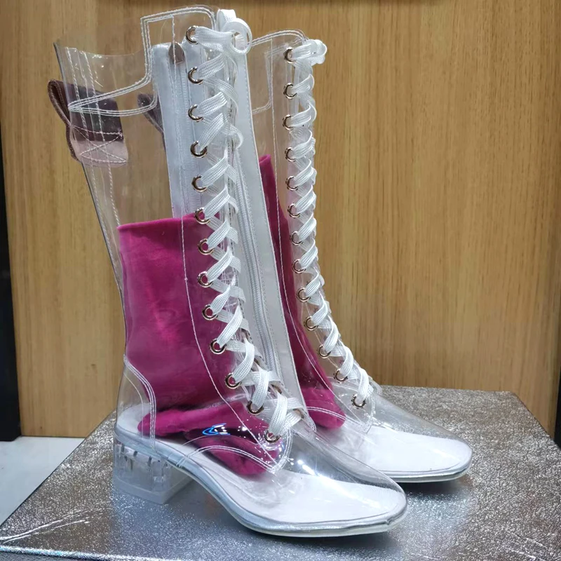 

Clear PVC Transparent Lace -Up Knee Boots 3 CM Crystal Chunky Heels Short Booties Shoes Woman Lucency Stage Performance Boots