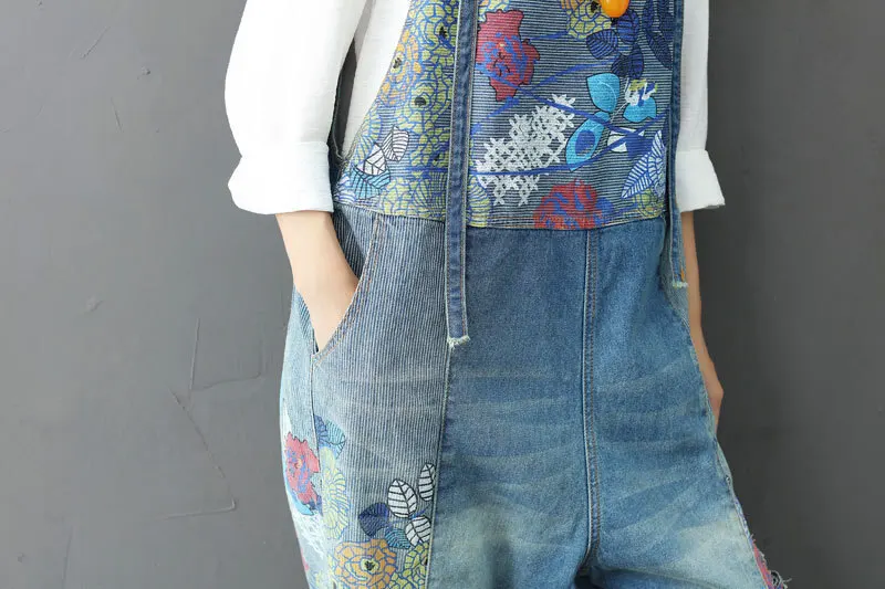 #1401 Vintage Floral Printed Denim Jumpsuits Women Wide Leg Denim Overalls Holes Spaghetti Strap Jeans Jumpsuit Ladies Loose 