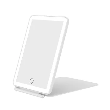 LED 접이식 여행 메이크업 거울, 3 색 조명 모드, USB 충전식 터치 스크린, 휴대용 탁상 화장품 거울, 흰색 