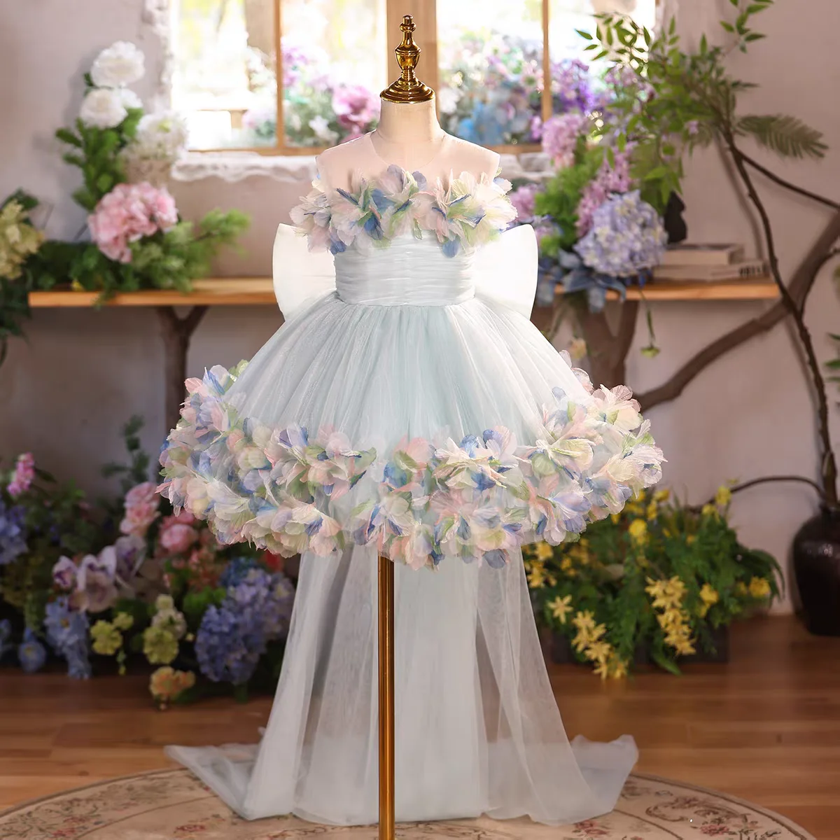 Jill Wish J877 Elegant 3D Flowers Girl Dress with Bow and Train for Kids Princess Birthday Wedding Party Holiday Ball Gown