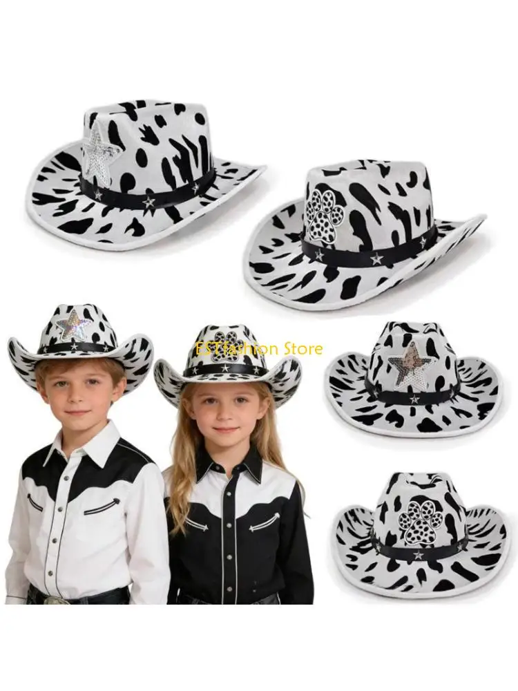 y5gc-子供用ウエスタンハット-スタッドと牛のパターン付き-テーマパーティーや学校のステージパフォーマンスのドレスアップ-子供用帽子