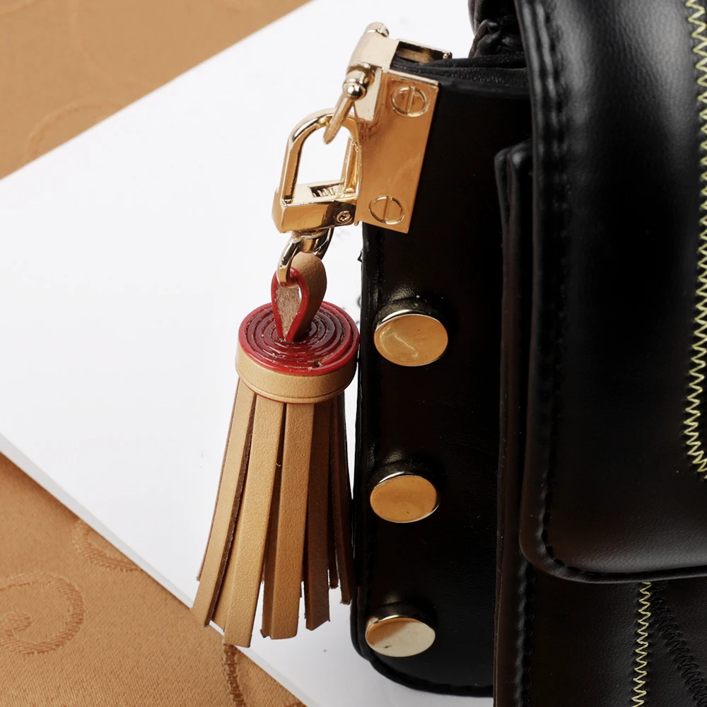 Genuine Leather Tassel Bag Pendant Women Handbag Purse Fringe Charm Bag Hanging Buckle Keychain Key Ring DIY Jewelry Accessories