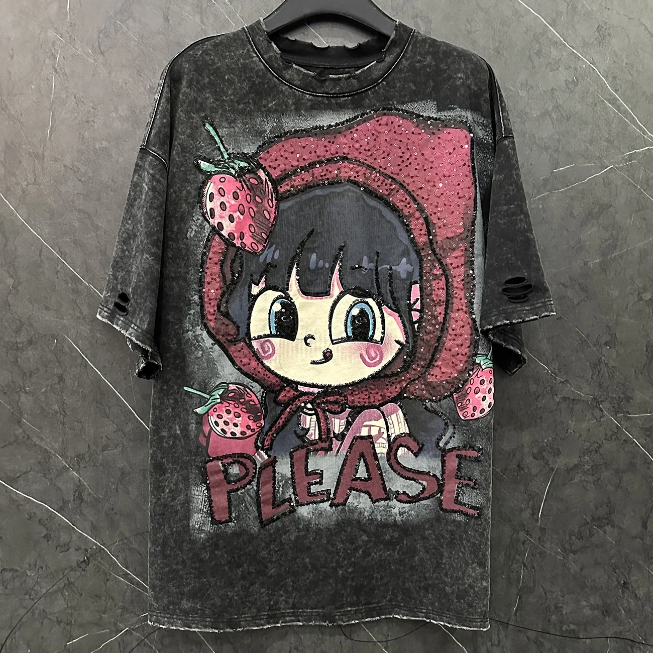 Hole Design Cartoon Strawberry Little Girl Sweet Loose Short-sleeved T-shirt Women's Mid Length Half-sleeved Round Neck Top