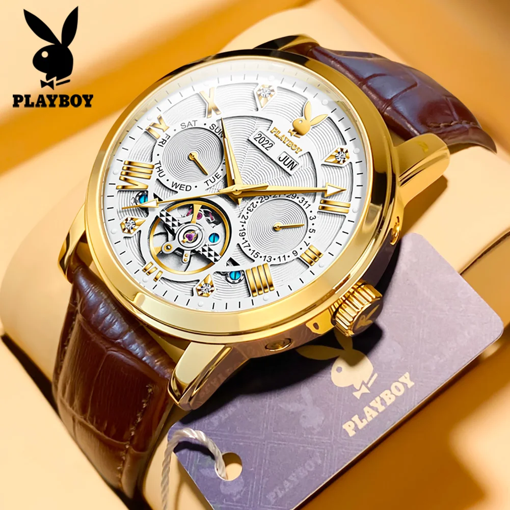 PLAYBOY Mens Watches Automatic Mechanical Watch Tourbillon Sport Clock Leather Casual Business Fashion Wristwatch Relojes Hombre