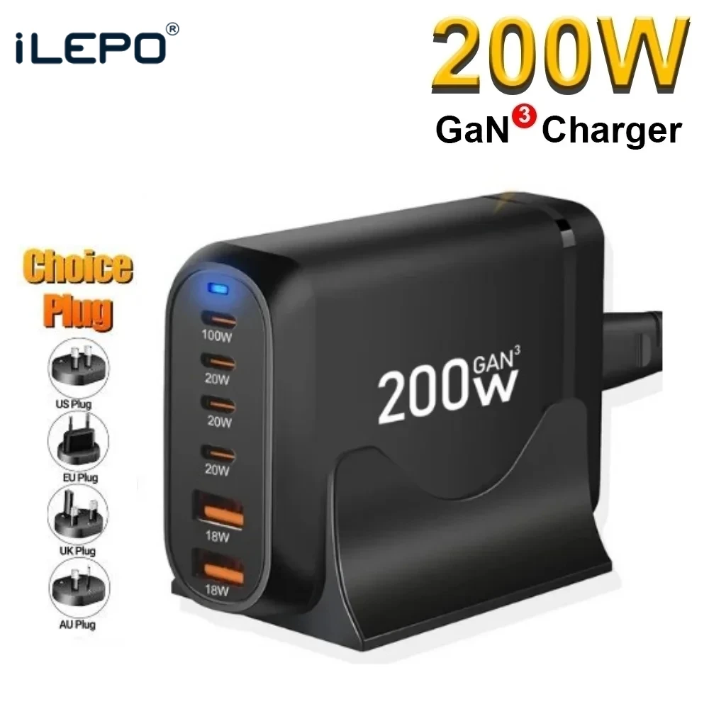 

200W GaN Desktop charger 6-port USB Type C PD Charger Fast Charge 3.0 Fast Charger Mobile USB charger