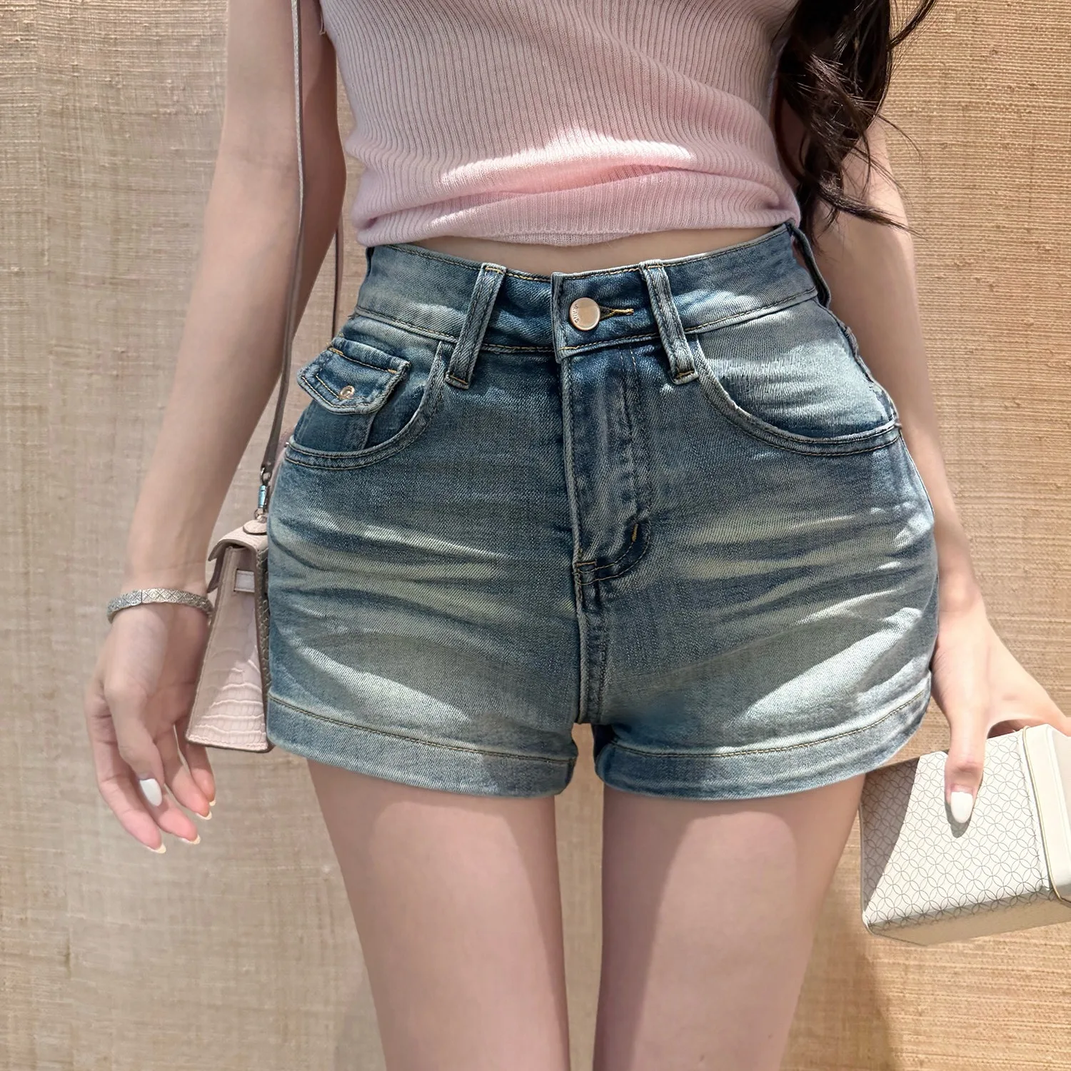

Sexy High Waist Denim Shorts Women's High Elasticity Straight Leg Jeans Summer Casual Breathable Comfortable Wave Pattern