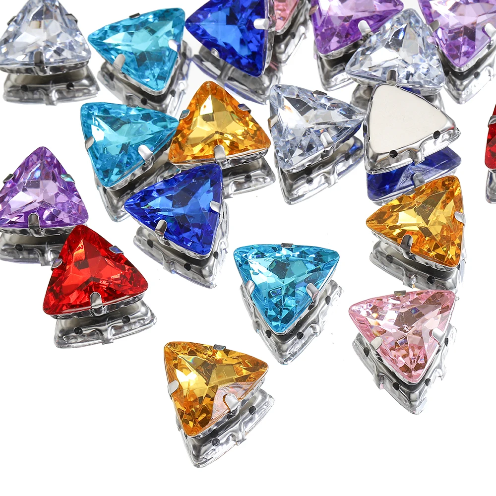 20pcs Triangle Glass Loose Beads Rhinestone Crystal Sew on Bead DIY Needlework Jewelry Making Silver Color Claw Base Material