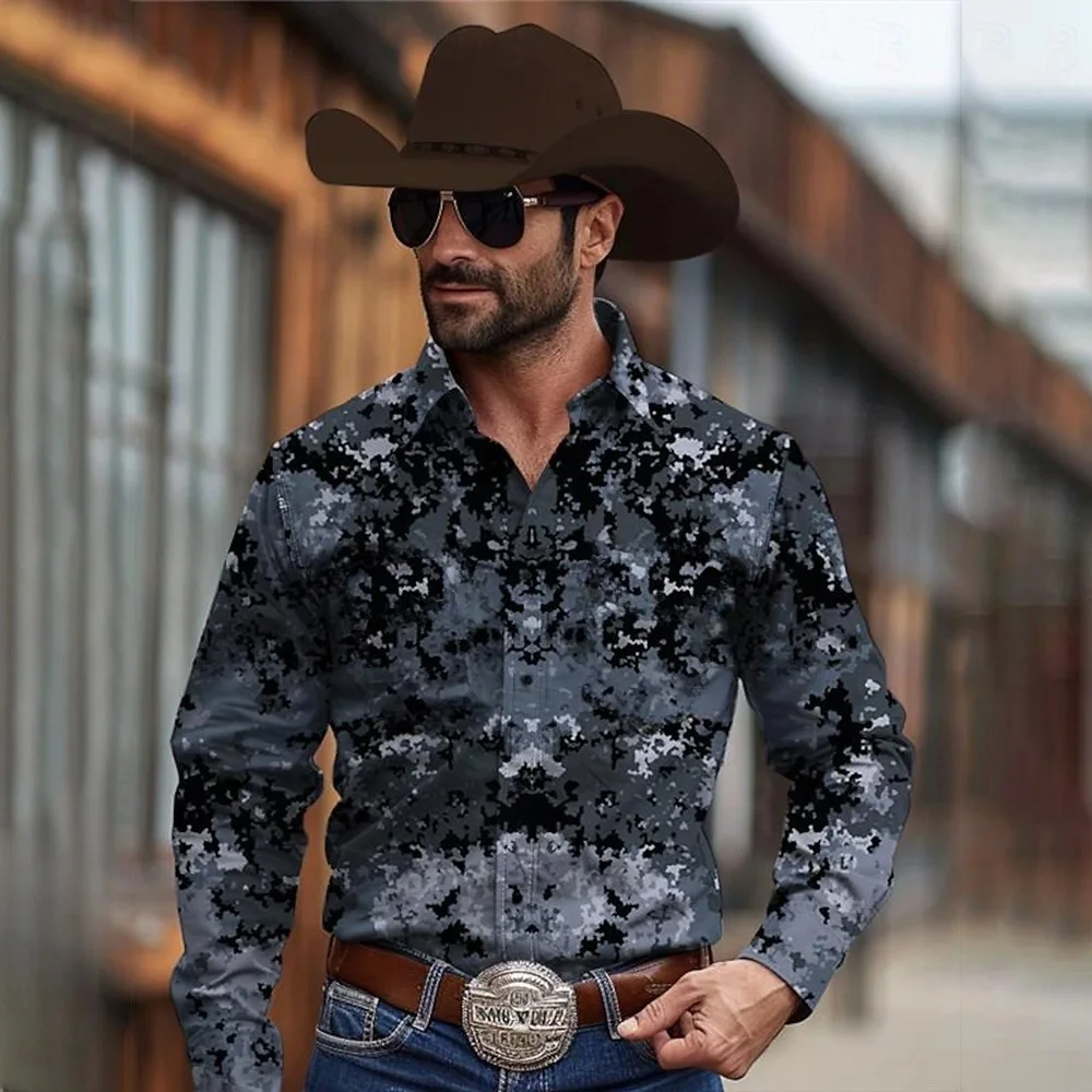 Men\'s shirt Yellowstone Western denim shirt Camouflage pattern men lapel button up top Stylish holiday casual long-sleeved shirt