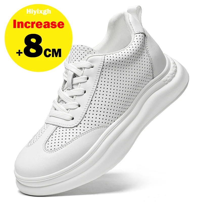 

8cm Invisible Height Increase Men's White Sneakers Breathable Perforated Casual Platform Shoes Elevator Sneakers Size 38-45