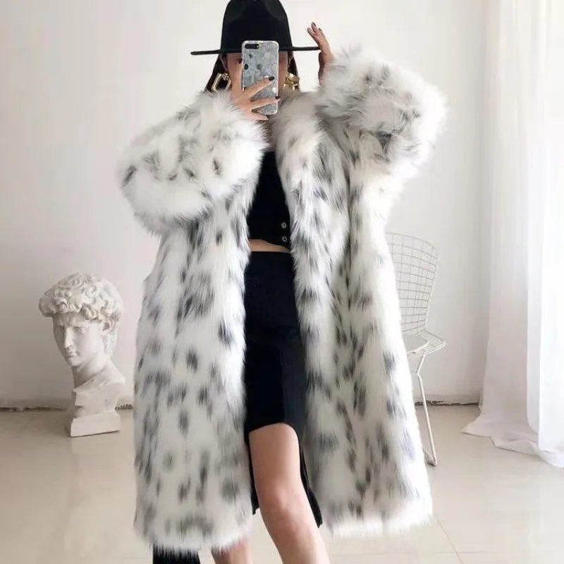 Women's Luxury Faux Fox Fur Long Coat Spotted Pattern Thick Warm Overcoat Elegant Winter Outerwear for Casual Party Streetwear