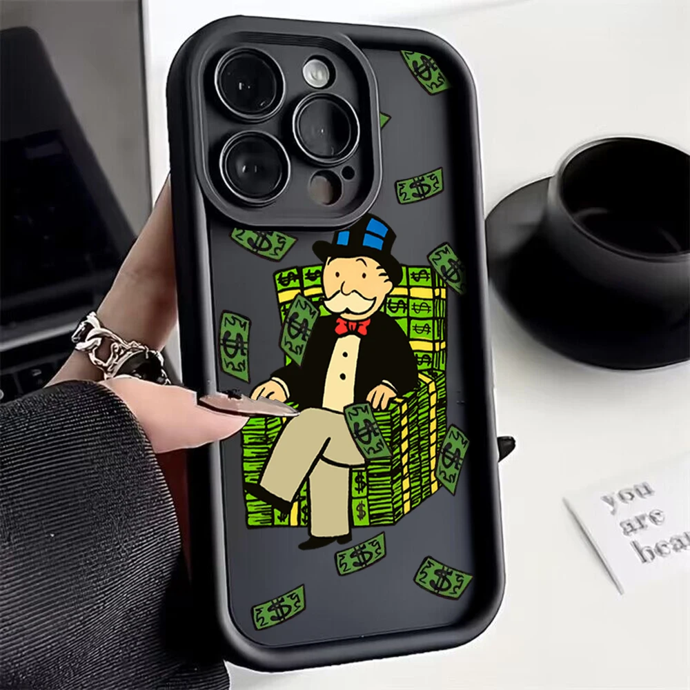 Cartoon Dollar Money Monopolys Phone Case for IPhone 15 14 13 12 11 Pro Max Mini XR XS X 7 8 Soft TPU Back Cover With Hand Strap