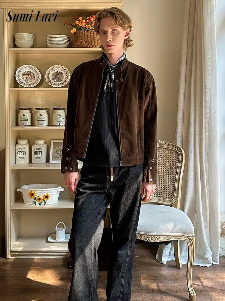 

Outerwear Men's Suede Short Coats Streetwear 2025 Autumn Casual Mens Solid Color Patchwork Jackets Long Sleeve Slim Jacket Coat