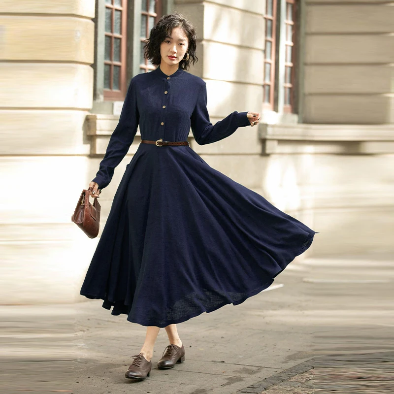 

Navy Blue Cotton-Linen Stand Collar Maxi Dress - Long Sleeve A-Line Swing Dress, Elegant & Versatile for Banquets