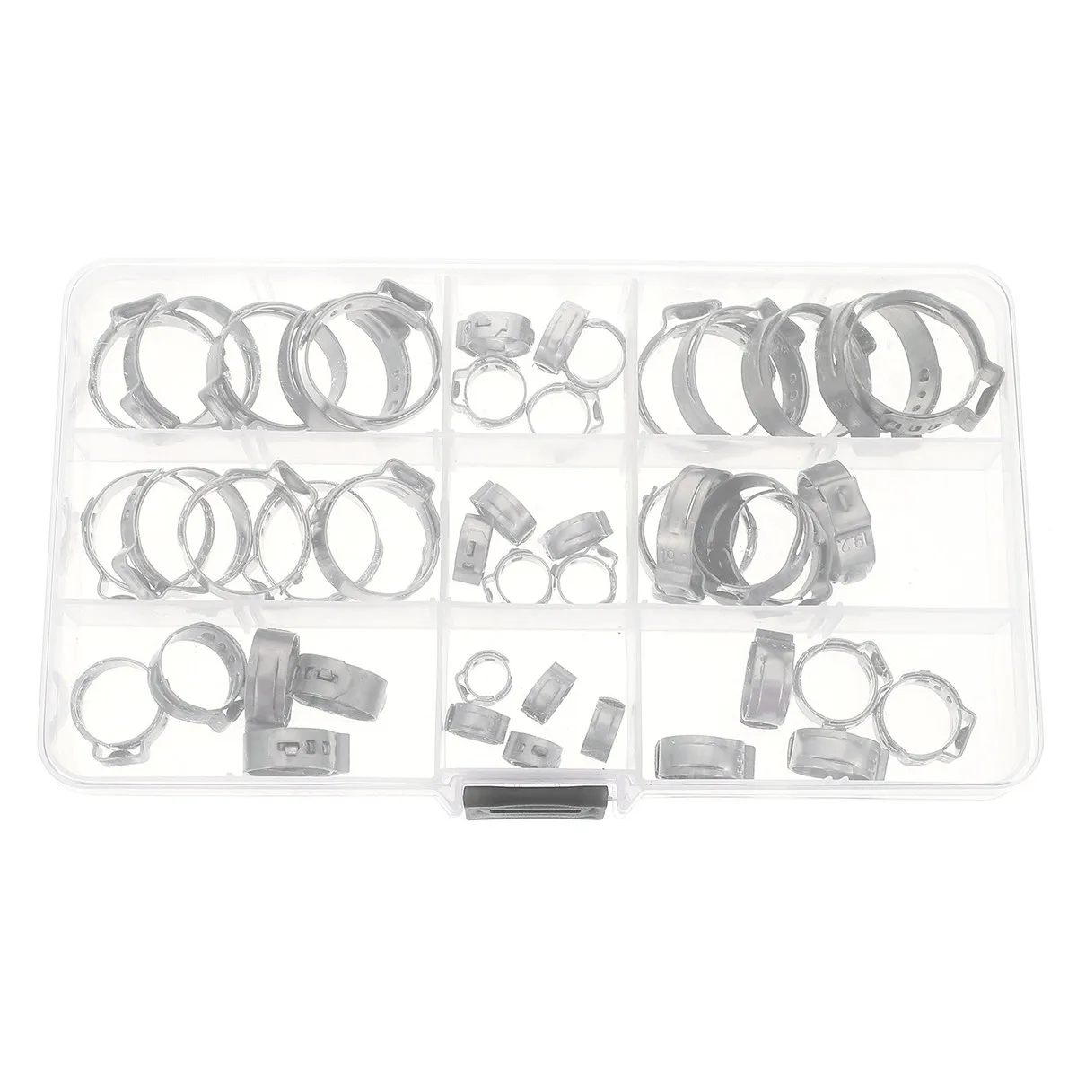 80Pcs Single Ear Hose Clamps Stainless Steel Crimp Hose Clips Adjustable Fastener for Garden Automotive Industrial Applications