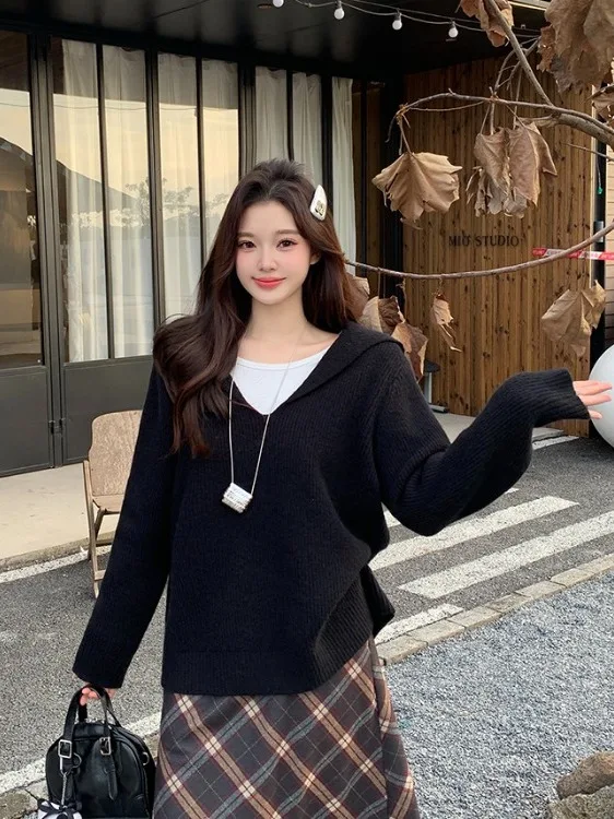 

Женский вязаный свитер больших размеров с V-образным вырезом и цветными блоками, осенне-зимний, свободного кроя, универсальный, с длинными рукавами, в корейском стиле