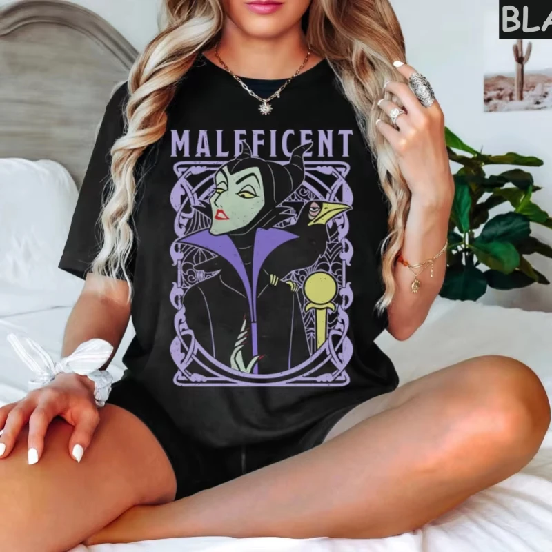 Camiseta con estampado de bruja villano de Halloween para hombre y mujer de Disney, pantalón corto informal de manga corta con cuello redondo de maléfica, Top de dibujos animados a la moda