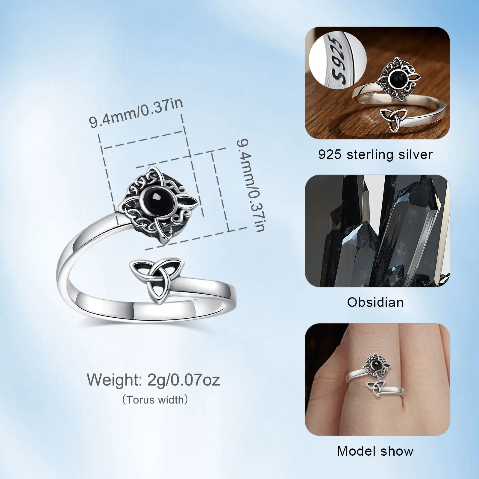 Eudora 925 Sterling Silver Obsidian Witches Knot Adjustable Ring Nudo de Bruja Celtic Knot Ring Pagan Jewelry Gift for Women