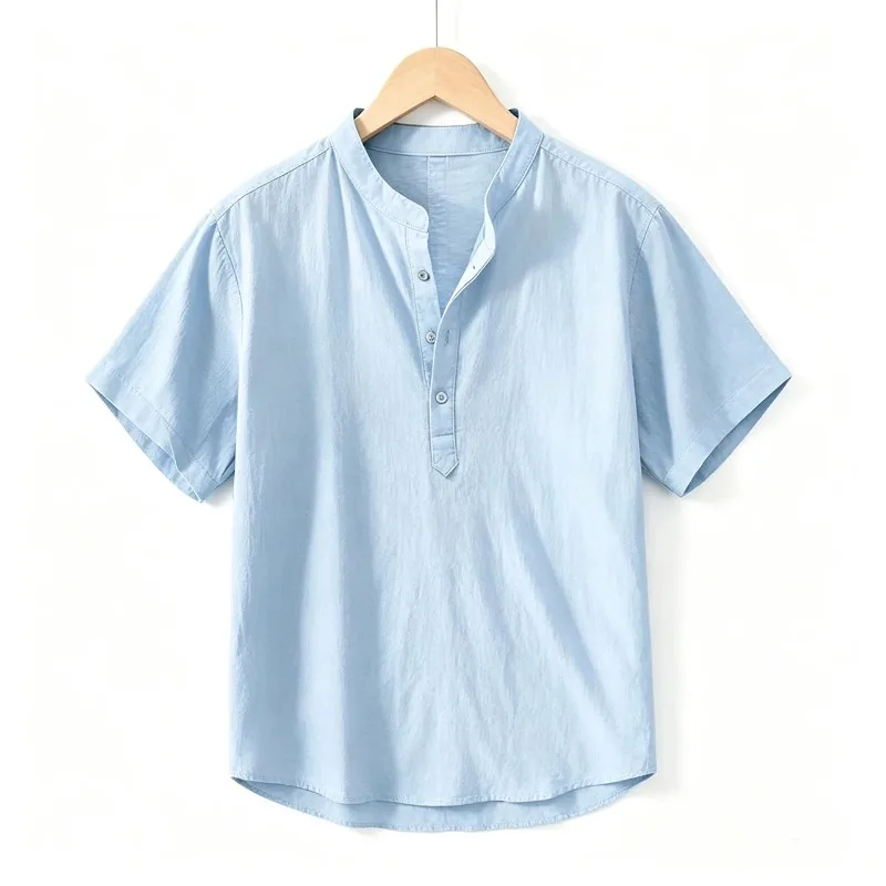 Men Cotton Linen Short-Sleeve Shirt with Stand Collar & Half-Button Placket - Casual Outdoor Leisure Wear for Spring and Summe