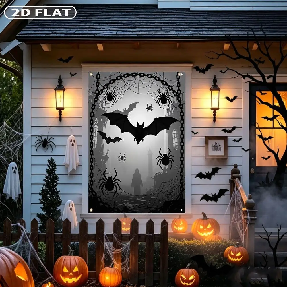 2D FLAT 1pc Party Banner, Halloween Window Cover with Halloween Window Decal with Bats Spiders Chains, 122x88cm, Polyester