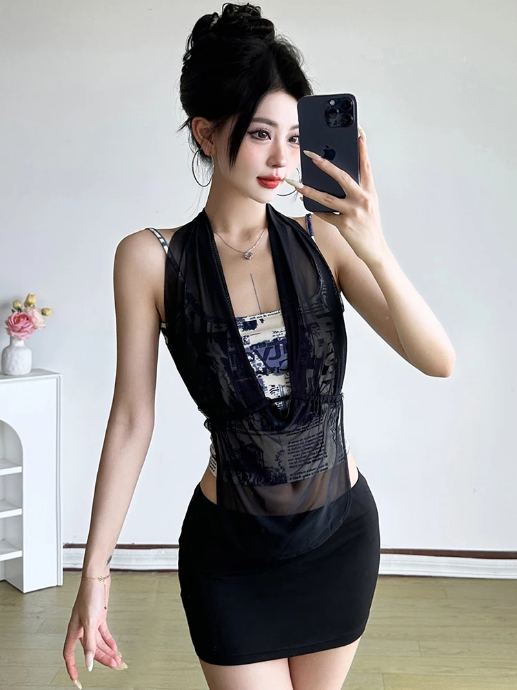 

Insglas Hottie Trend 2Piece Women Y2K Magazine Print Camisole+Solid Halter Mesh Top Midnight Matching Party Club Street Sexy Tee