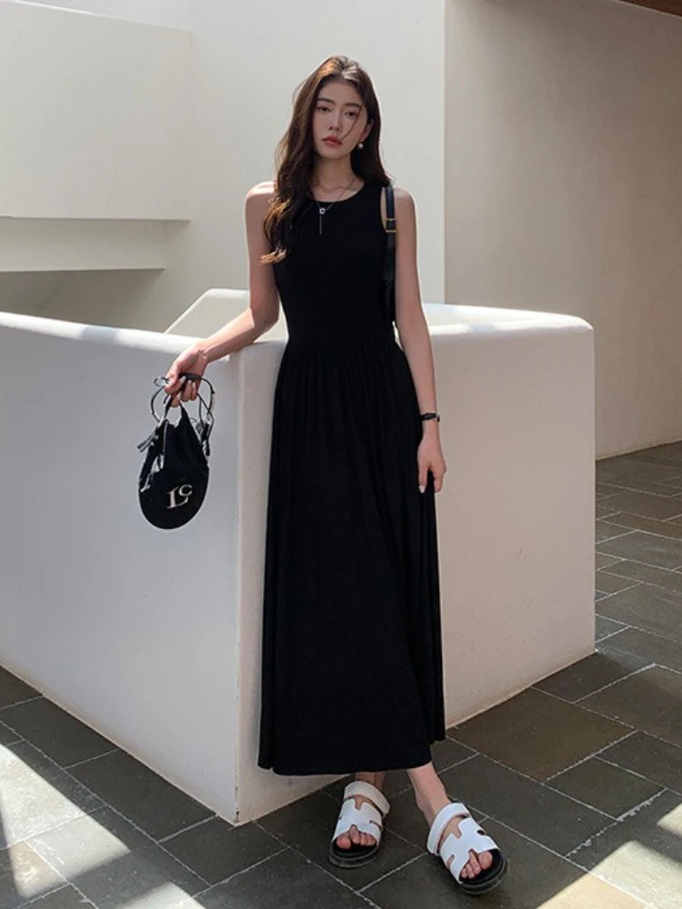 Abito da donna Chic Midi Abiti estivi Elegante tunica Party All-match Semplice senza maniche Moda Casual Stile coreano A-line Mujer