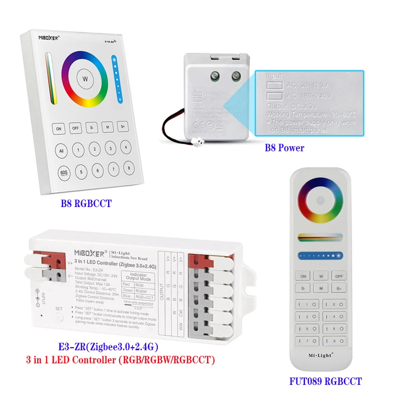 

Miboxer WiFi 5 in 1 LED Strip Controller WL5/2.4G 8 Zone RGBCCT Wall-mounted Touch Panel B8