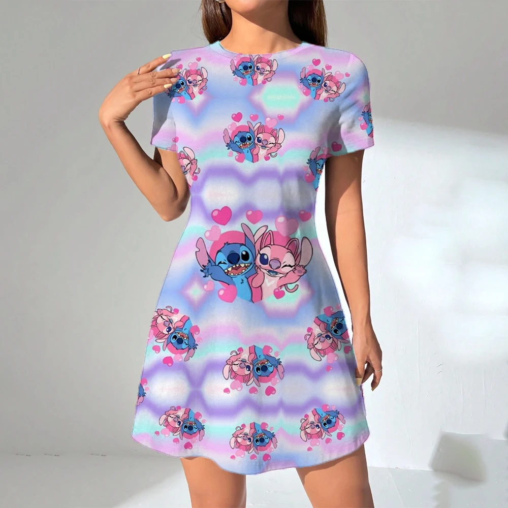 Disney Stitch Lilo พิมพ์ชุดฤดูใบไม้ผลิฤดูร้อนน่ารักเดท Ditsy การ์ตูนแขนสั้น O คอ Mini Cami ชุดลําลองสําหรับสตรี