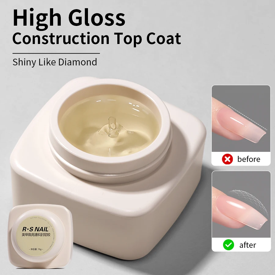 RSNAIL 15 g Building Top Coat Hochglanz-Konstruktionsgel, langlebiges, klares Funktionsgel, Soak Off UV-LED, semi-permanenter Lack