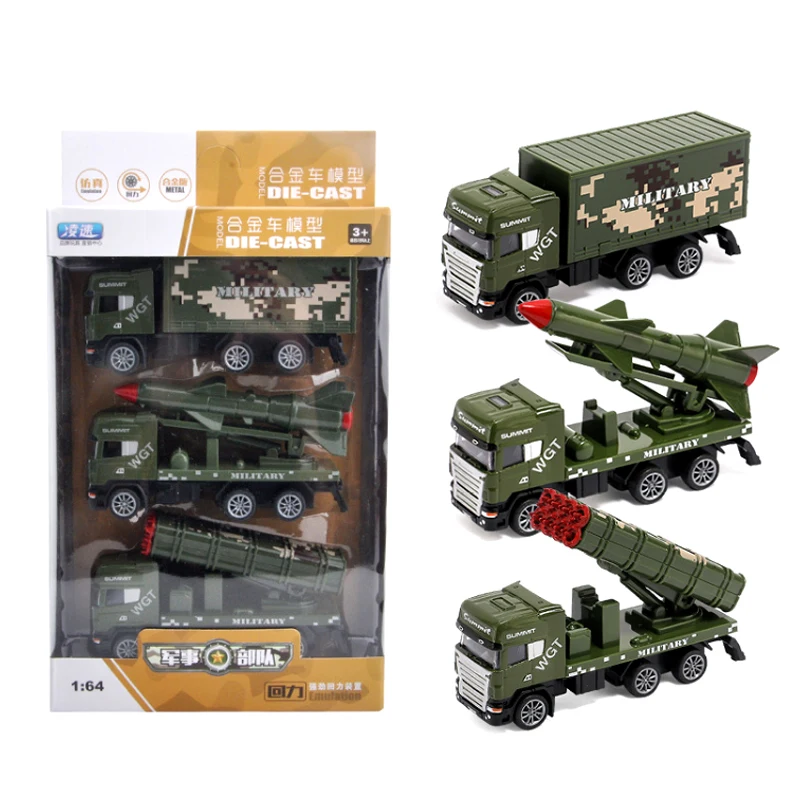 

3 шт., одна коробка, 1:64, имитация откатного военного грузовика, детская модель автомобиля, игрушки из сплава, литая под давлением ракетная машина, игрушка для мальчика B100