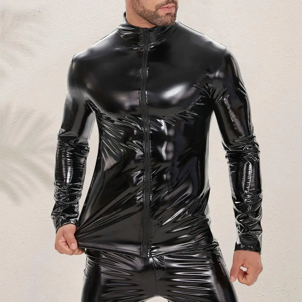 

Sexy Faux Leather Jacket Stylish Men's Faux Leather Jacket with Stand Collar Zipper Closure for Nightclub Party Performance Men