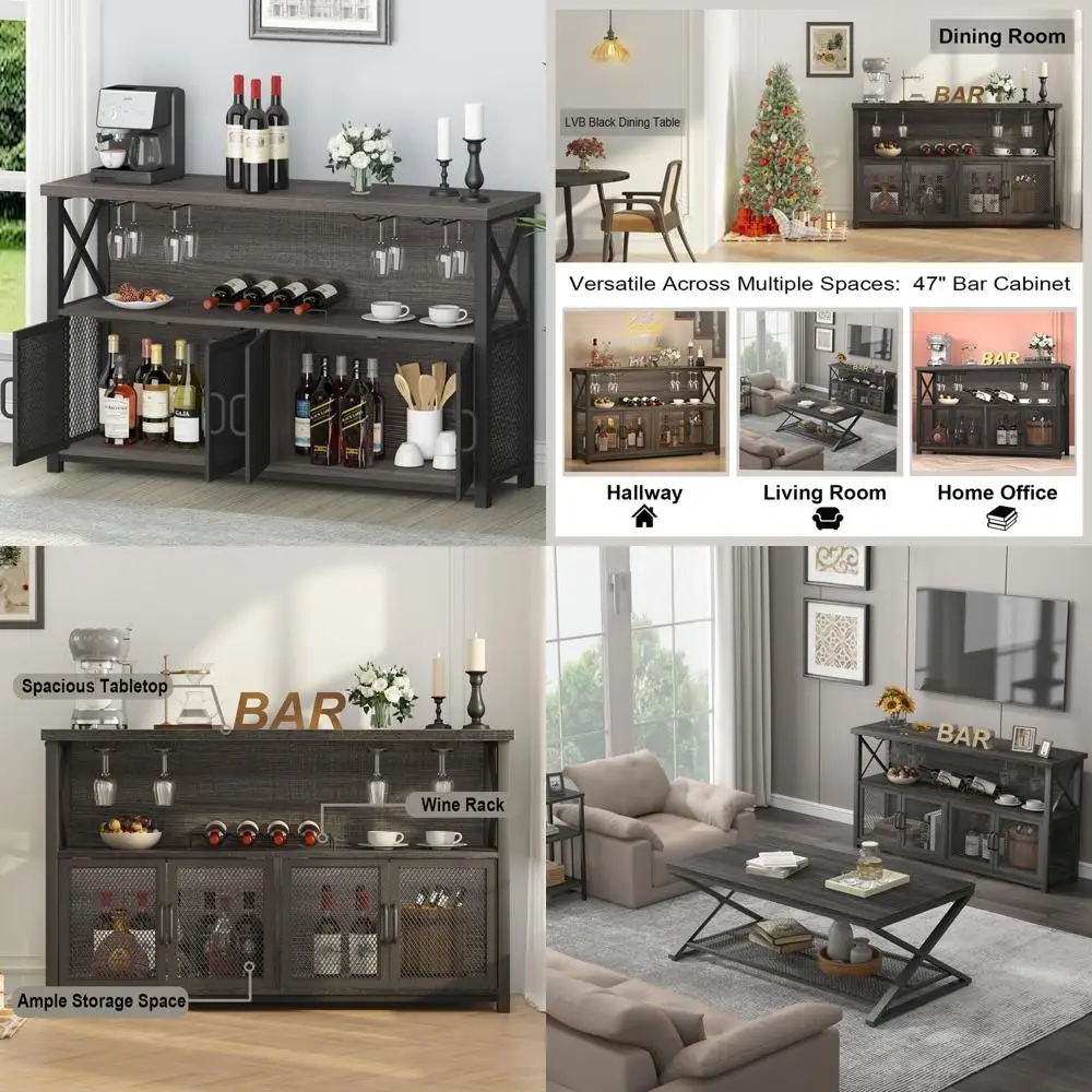 

Rustic Gray Oak Liquor Cabinet with Storage for Home Bar, Kitchen, Dining, Living Room - 47