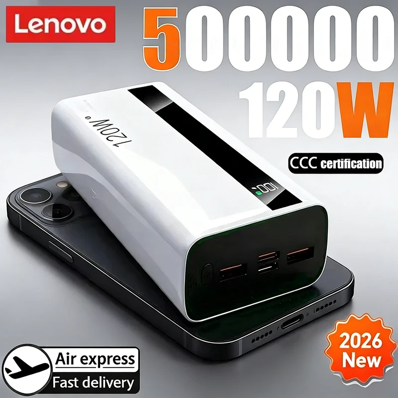 

Внешний аккумулятор Lenovo 120W Super Fast Charging 500000 мАч с цифровым дисплеем для iPhone и Samsung