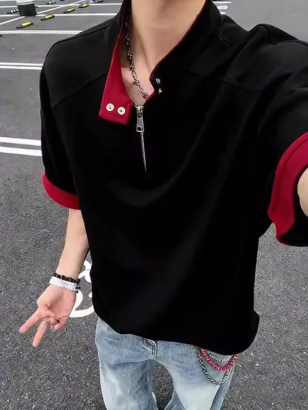 

Color Block Half Zipper Stand Collar Short Sleeve Men's T-Shirt Casual Style Comfortable Soft Fabric Spring Summer Fashion