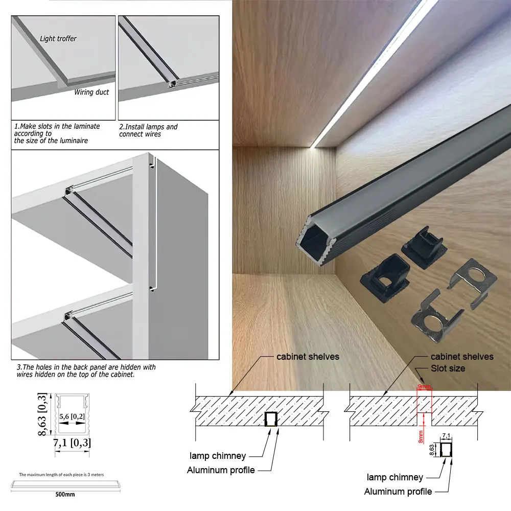 8x9mm (5szt) 0,5m Aluminiowe profily taśm LED: idealne do oświetlenia szafek, szafek i półek na wino