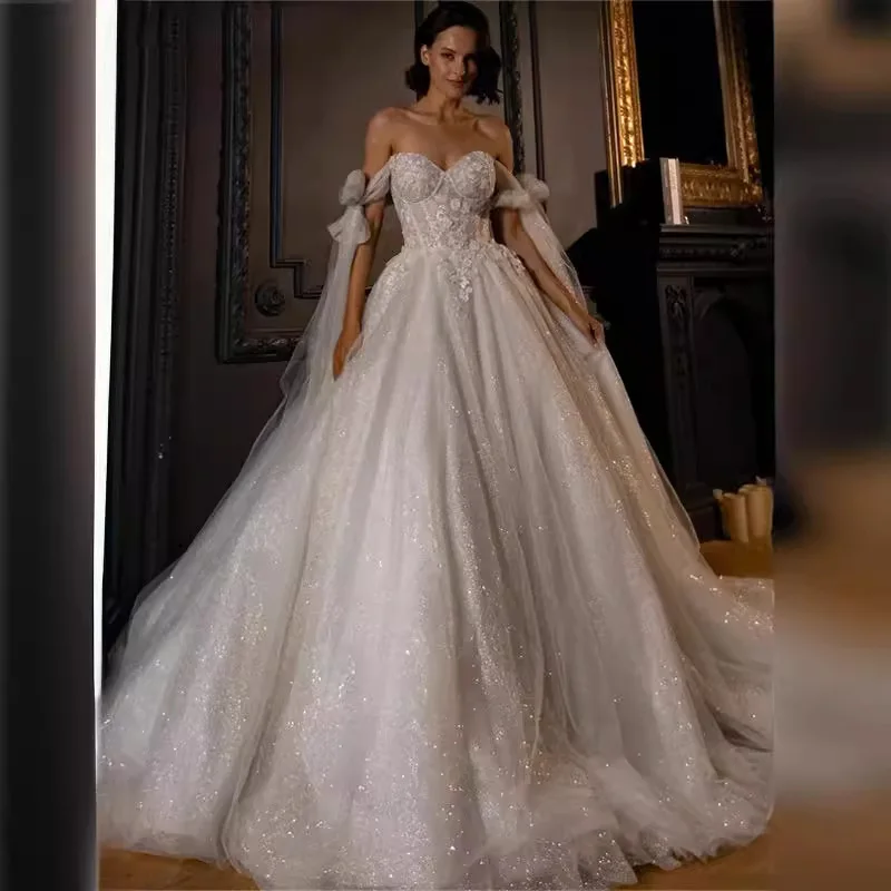 Robe de Mariée Brillante Ligne A pour Femme, Sexy, en Fibre de Dentelle, avec Appliques, pour Plage, Jardin, Anniversaire, Longue, pour Patients