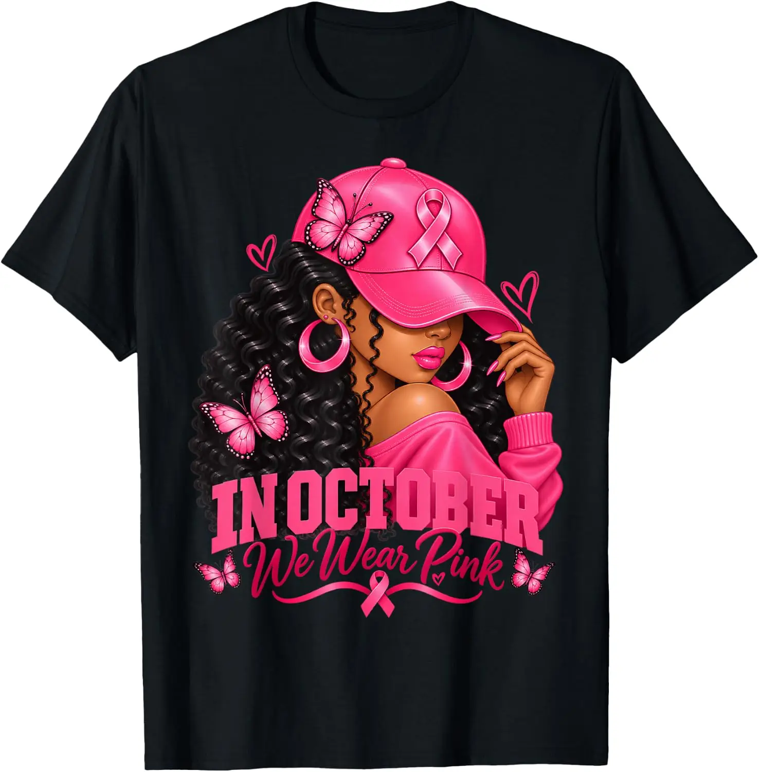 In October We Wear Pink Black Women Breast Cancer Awareness T-Shirt vintage style tee  boxy fit tee black graphic tee 100% cotton men